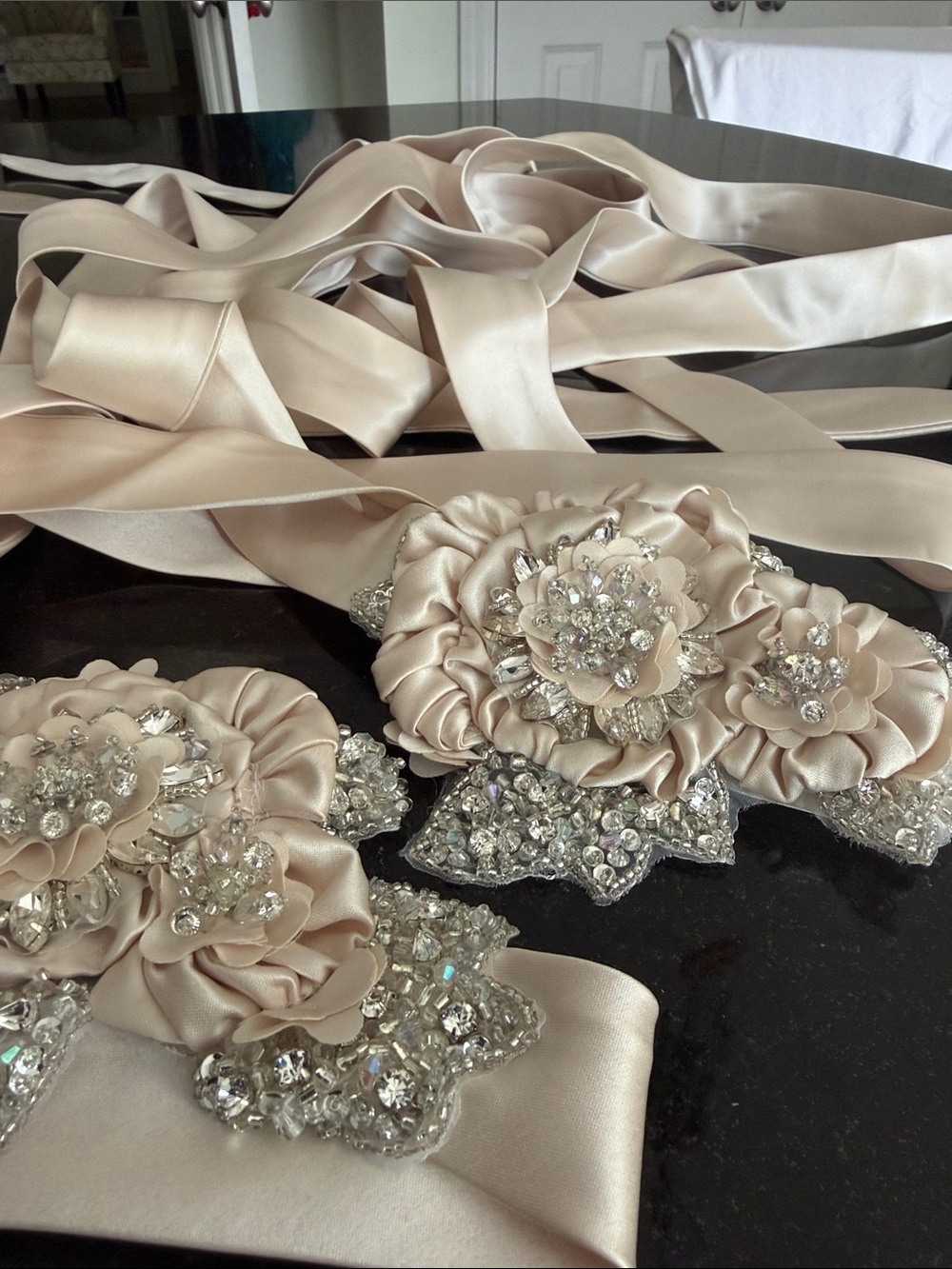 Satin Floral Crystal Ribbon Belt in Champagne